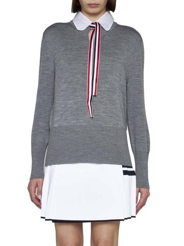 Jersey Stitch Ribbon Tie Knit Top Grey - THOM BROWNE - BALAAN 5