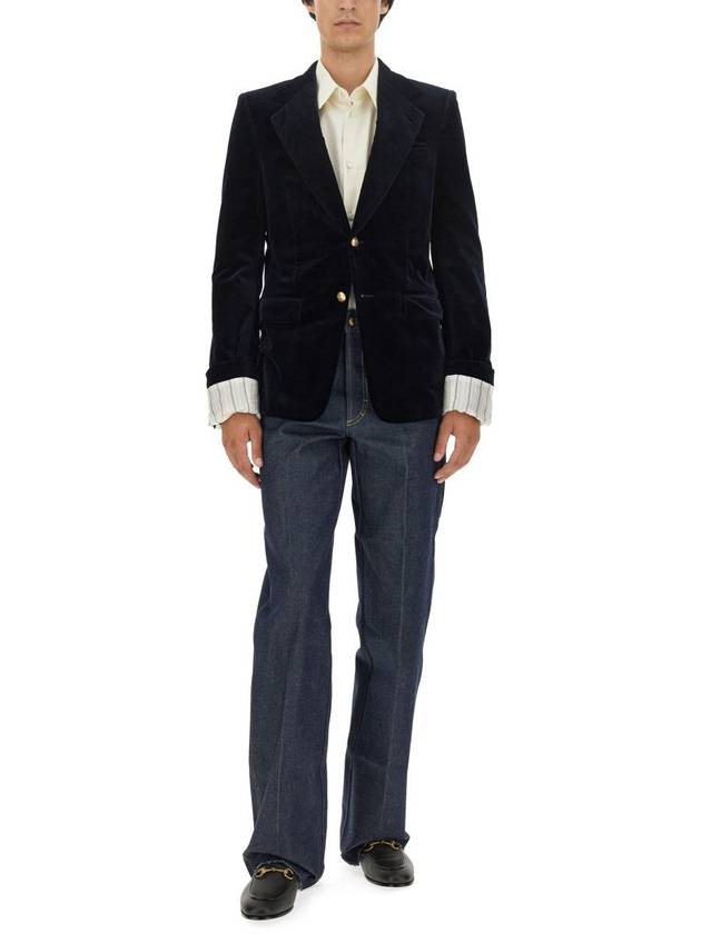 Stretch Cotton Velvet Formal Jacket Dark Blue - GUCCI - BALAAN 3