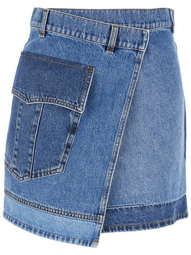 Blue Wraparound Mini Skirt With Logo Detail On The Side And Patchwork Design In Denim Woman - PHILOSOPHY DI LORENZO SERAFINI - BALAAN 1