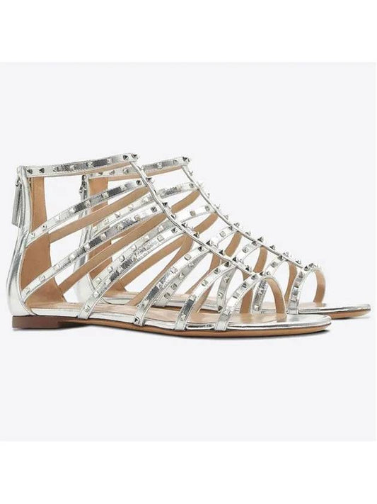 Women's Rockstud Leather Sandals Silver - VALENTINO - BALAAN 1