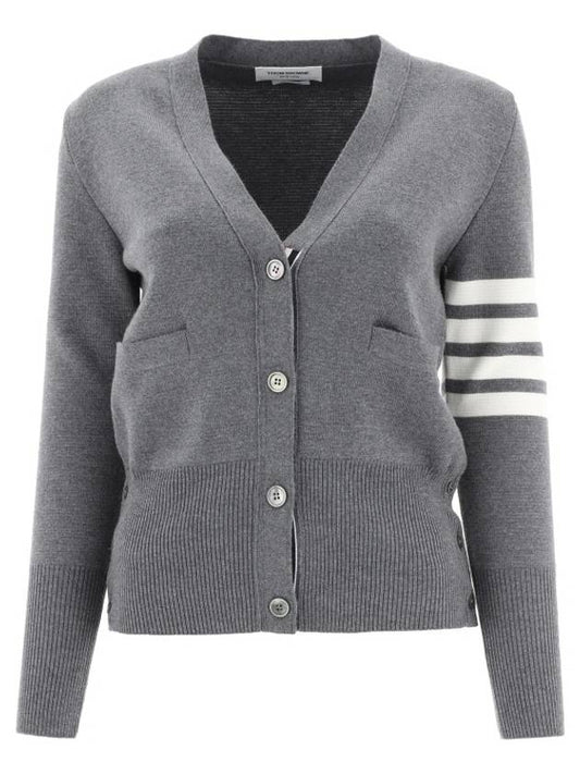 Milano Stitch 4 Bar Classic V Neck Fine Merino Wool Cardigan Medium Grey - THOM BROWNE - BALAAN 2