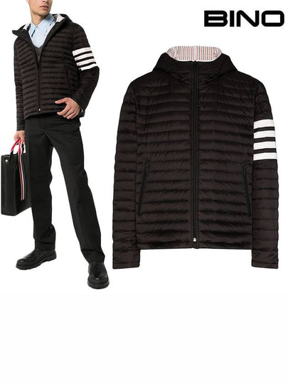 Matte Nylon 4-Bar Stripe Downfill Quilted Hoodie Padding Black - THOM BROWNE - BALAAN 2