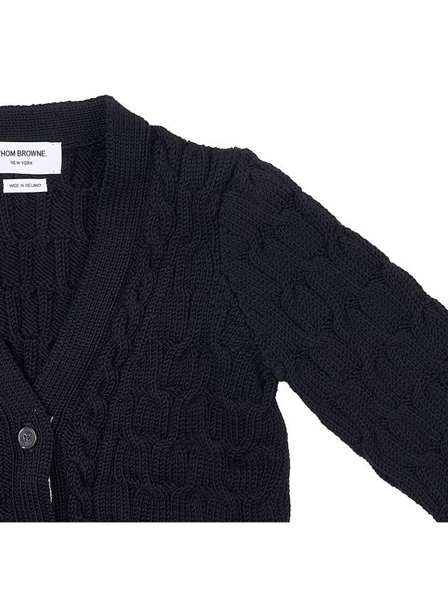 Merino Wool Crisscross Cable Stitch 3/4 Sleeve V-Neck Cardigan Navy - THOM BROWNE - BALAAN 6