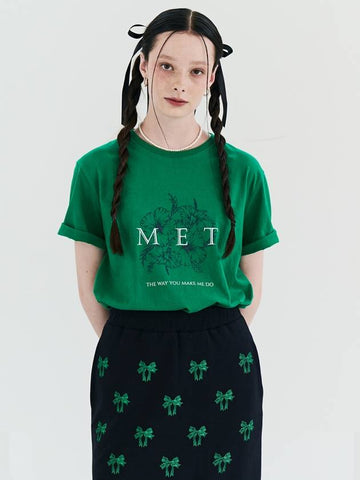 Two Tone Lettering Flower Short Sleeves T Shirt Green - METAPHER - BALAAN 1