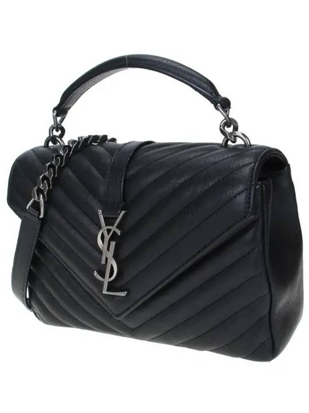 Silver Monogram College Medium Chain Crossbody Bag in Matelasse Leather Black - SAINT LAURENT - BALAAN 3