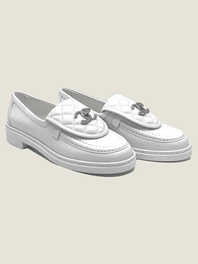silver CC logo quilted tab loafers white - CHANEL - BALAAN.