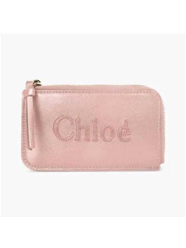 Embroidered Logo Shiny Calf Skin Zipper Card Wallet Pink - CHLOE - BALAAN 3