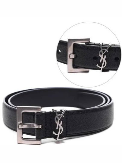 Silver Hardware Monogram Buckle Leather Belt Black - SAINT LAURENT - BALAAN 2