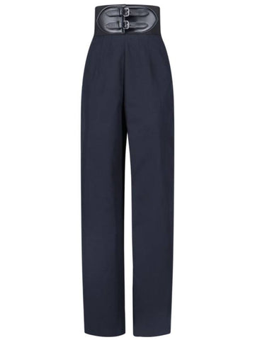 Double leather buckle belt high waist pants navy - ALAIA - BALAAN 1