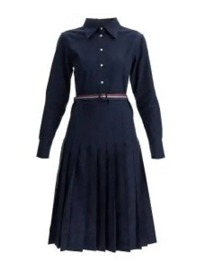 Stripe Flannel Pleated Bottom Belted Cotton Midi Dress Navy - THOM BROWNE - BALAAN 2