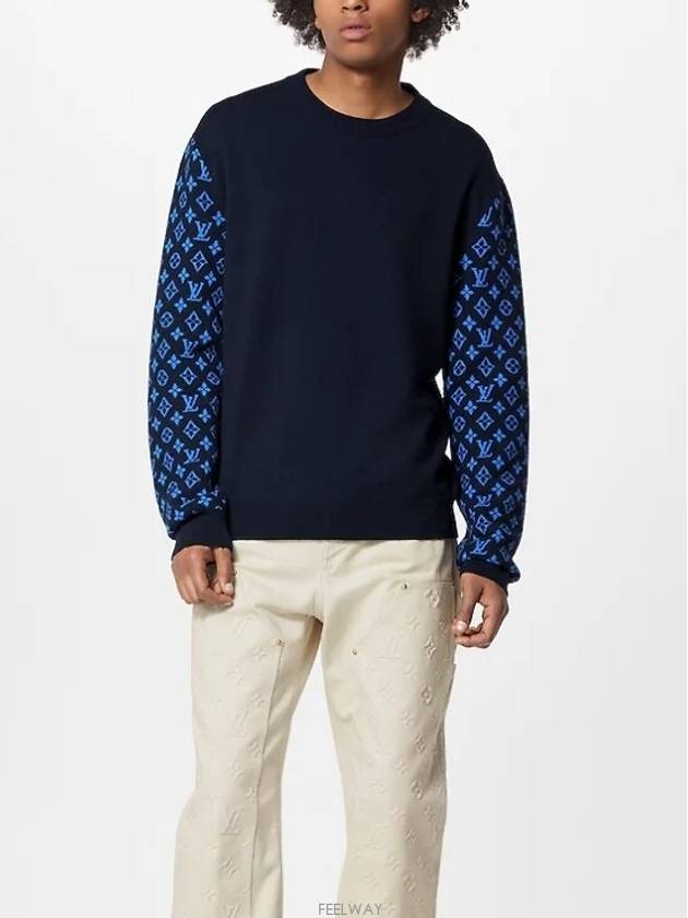 Monogram Mix Cashmere Crew Neck Knit Top Blue - LOUIS VUITTON - BALAAN 5