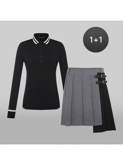 SET Women s Basic Collar T Shirt Buckle Decoration Pleated Culottes - PALMSPRINGS - BALAAN 2