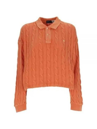 Embroidered Logo Pony Cable Long-Sleeve Collar Knit Top Orange - POLO RALPH LAUREN - BALAAN 2