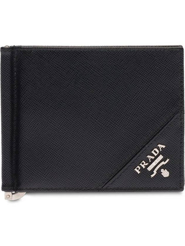 Logo Saffiano Money Clip Card Wallet Black - PRADA - BALAAN 1