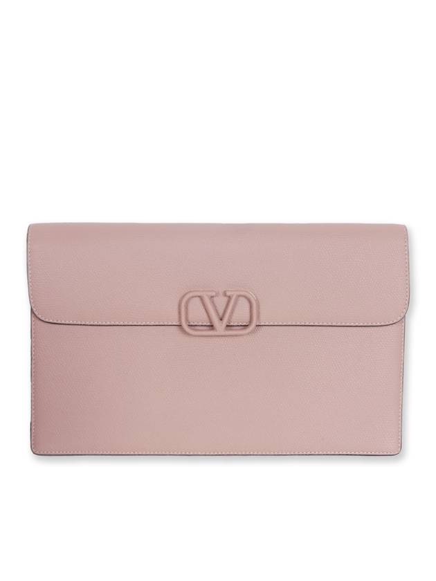 Women's V Logo Leather Clutch Bag Rose - VALENTINO - BALAAN 1