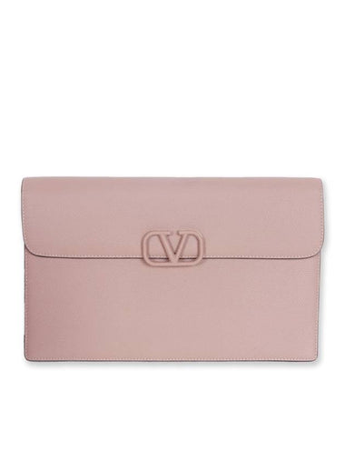 Women's V Logo Leather Clutch Bag Rose - VALENTINO - BALAAN 1