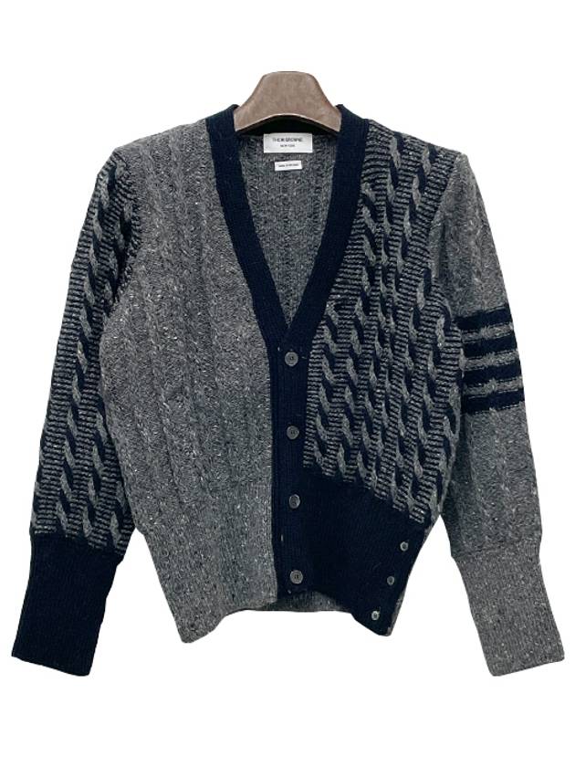 Funmix Donnyroll Cable 4 Bar V-Neck Cardigan Medium Grey - THOM BROWNE - BALAAN 3