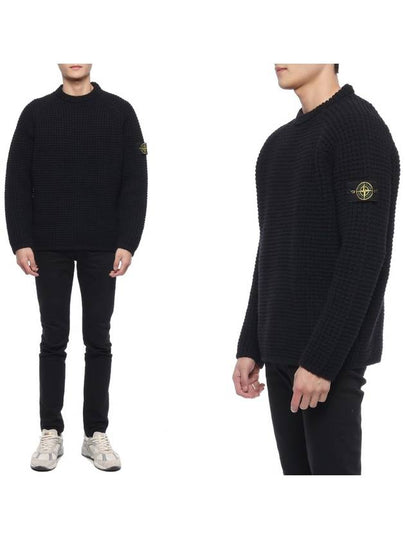 Knotted Ribbed Stitch Pure Wool Crewneck Knit Top Black - STONE ISLAND - BALAAN 2