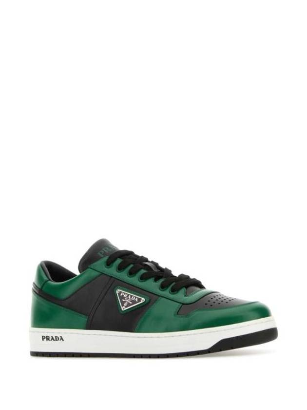 Men's Downtown Triangle Logo Leather Low Top Sneakers Black Green - PRADA - BALAAN 3