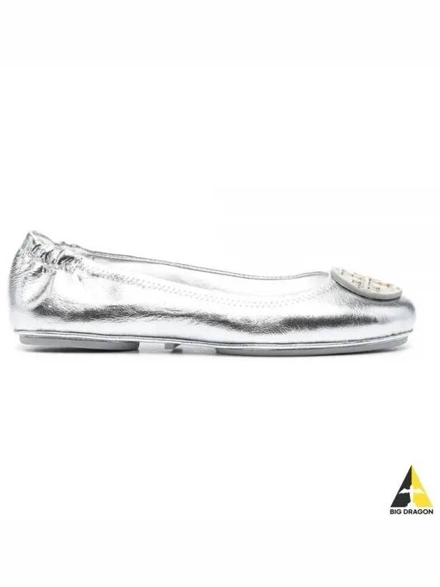 Minnie Logo Metallic Leather Ballerina Silver - TORY BURCH - BALAAN.