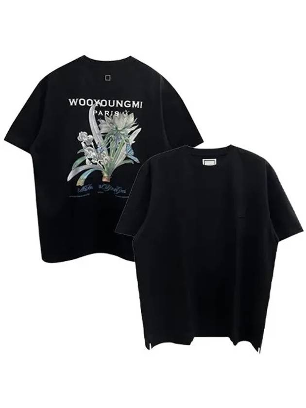 Flower Printing Back Logo Round Short Sleeve T-Shirt Black - WOOYOUNGMI - BALAAN 2