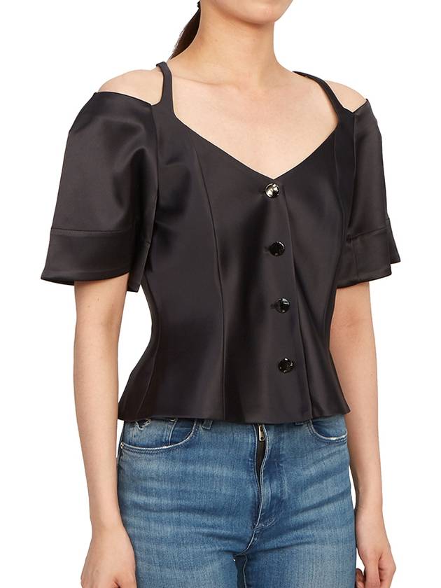 Double Satin Fitted Open Neck Blouse Black - GANNI - BALAAN 6