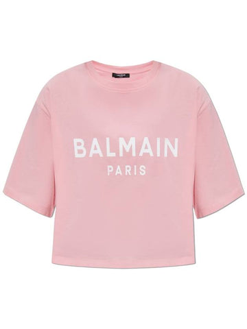 Balmain Short T-shirt With Printed Logo, Women's, Pink - BALMAIN - BALAAN 1