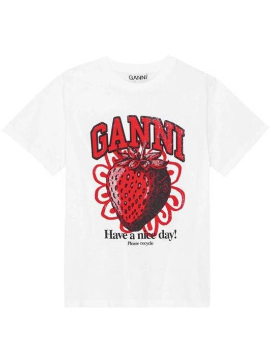 Strawberry Print Cotton Short Sleeve T-Shirt Grey - GANNI - BALAAN 1