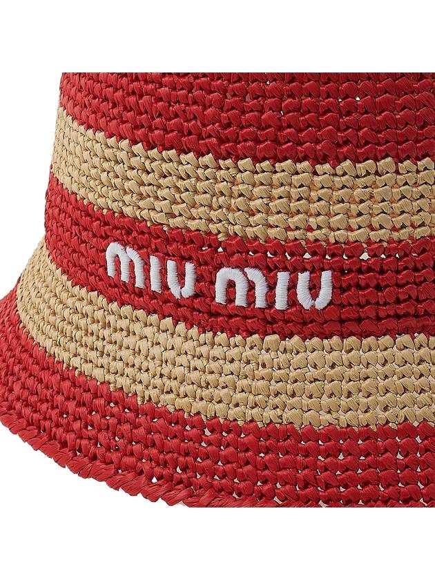 Logo Striped Woven Fabric Bucket Hat Red Beige - MIU MIU - BALAAN 7