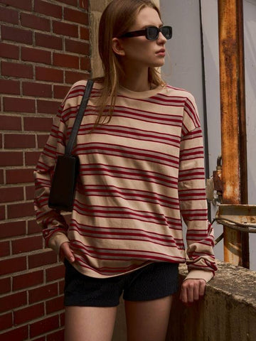 Women s Long Sleeve T Shirt OVERSIZE STRIPE BEIGE - SIGREAT - BALAAN 1