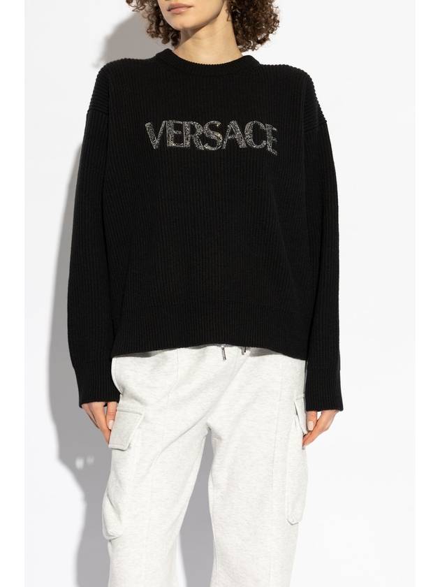 Versace Sweater With Logo Finished With Shimmering Crystals, Women's, Black - VERSACE - BALAAN 3