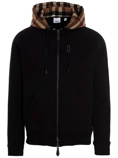 Check Cotton Blend Hoodie Zip-Up Top Black Birch Brown - BURBERRY - BALAAN 1