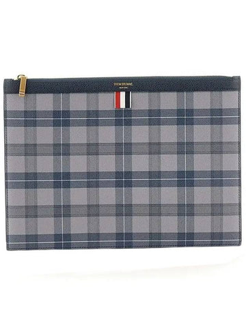 Tartan Pebble Grain Leather Clutch Bag Grey - THOM BROWNE - BALAAN 1