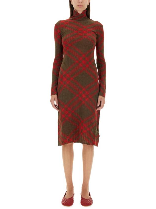 Check Turtleneck Wool Blend Midi Dress Brown Red - BURBERRY - BALAAN 2