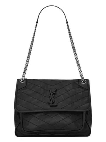 Nikki Medium Krinkle Vintage Leather Shoulder Bag Black - SAINT LAURENT - BALAAN 1