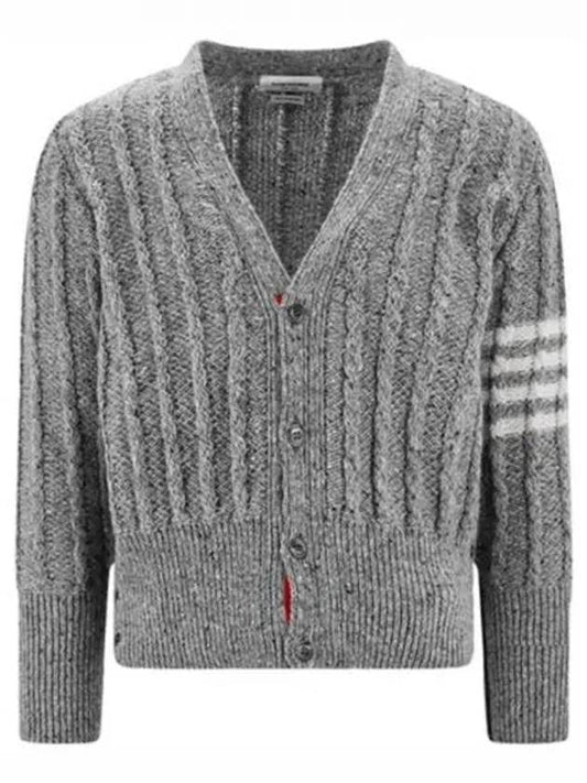 Donegal Twist Cable 4 Bar Classic V Neck Cardigan Light Grey - THOM BROWNE - BALAAN 2