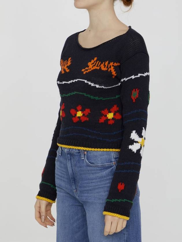 Flower Crop Cotton Linen Blend Knit Top Black - KENZO - BALAAN 3