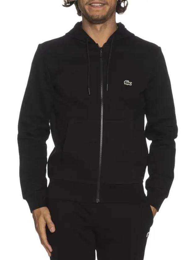 Embroidery Logo Kangaroo Pocket Fleece Zip Up Hoodie Black - LACOSTE - BALAAN 3