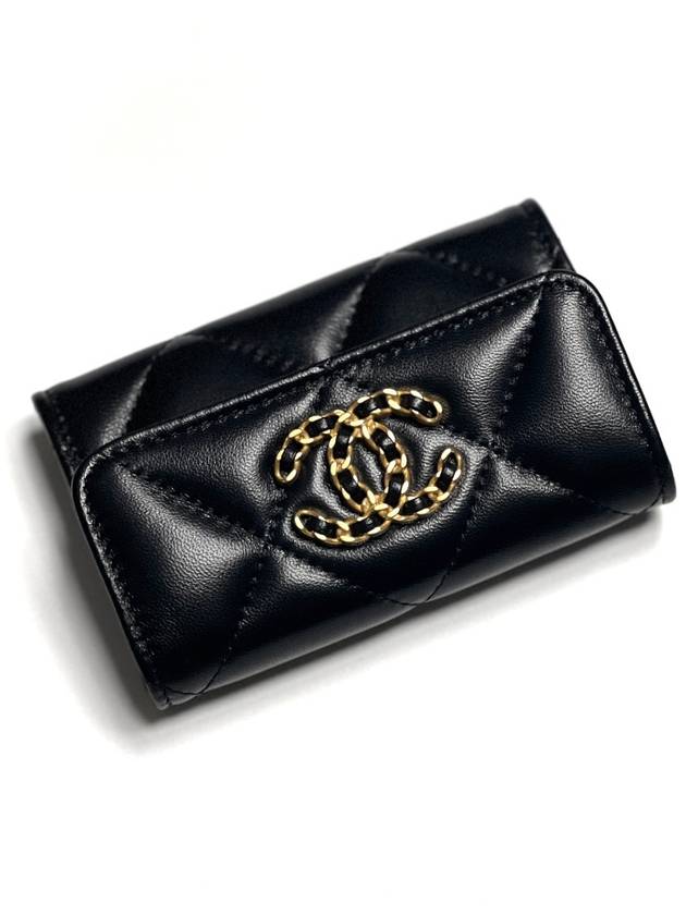 Nineteen Gold CC Logo Lambskin Flap Card Wallet Black - CHANEL - BALAAN 7