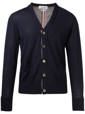 Men's Navy Classic Three-Stripe Backstripe Wool Cardigan - THOM BROWNE - BALAAN.