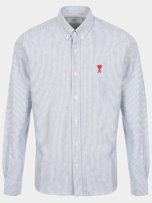 Embroidered Heart Logo Stripe Long Sleeve Shirt Blue - AMI - BALAAN 2