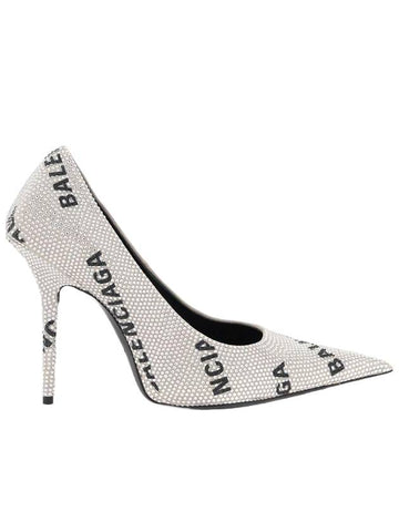 Women's All-Over Logo Rhinestone Square Knife Pumps Heel Silver - BALENCIAGA - BALAAN 1