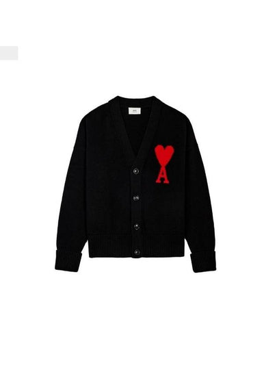 Intarsia Big Heart Logo Oversized Virgin Wool Cardigan Black - AMI - BALAAN 2