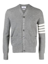 4-Bar Striped Waffle High V-Neck Cardigan Light Grey - THOM BROWNE - BALAAN 2