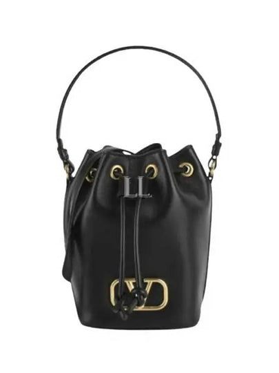 Signature V Logo Leather Small Bucket Bag Black - VALENTINO - BALAAN 2