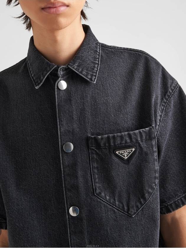 Triangle Logo Denim Short Sleeve Shirt Black - PRADA - BALAAN 3