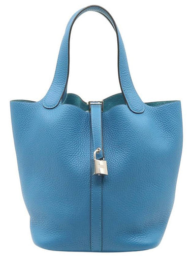 Blue Jeans Clemence Leather Picotan Lock 22 Tote Bag D Engraved - HERMES - BALAAN 1