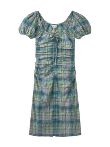 Seersucker checked gathered mini dress aqua green - GANNI - BALAAN 1