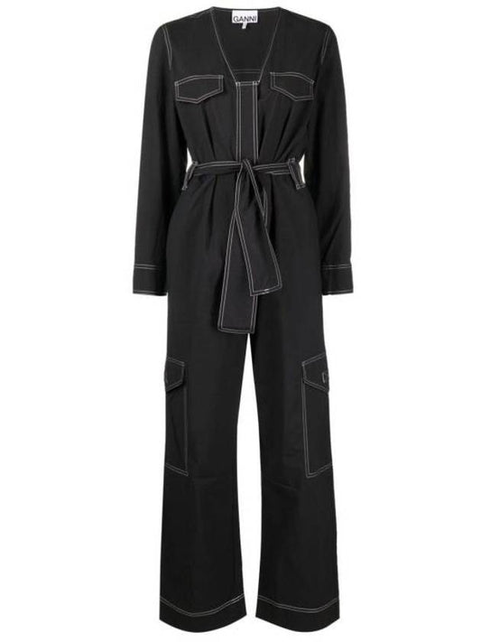 Stitch Detail Belted Jumpsuit Black - GANNI - BALAAN 2