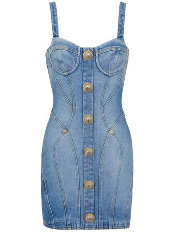 Button denim short dress blue - BALMAIN - BALAAN 1